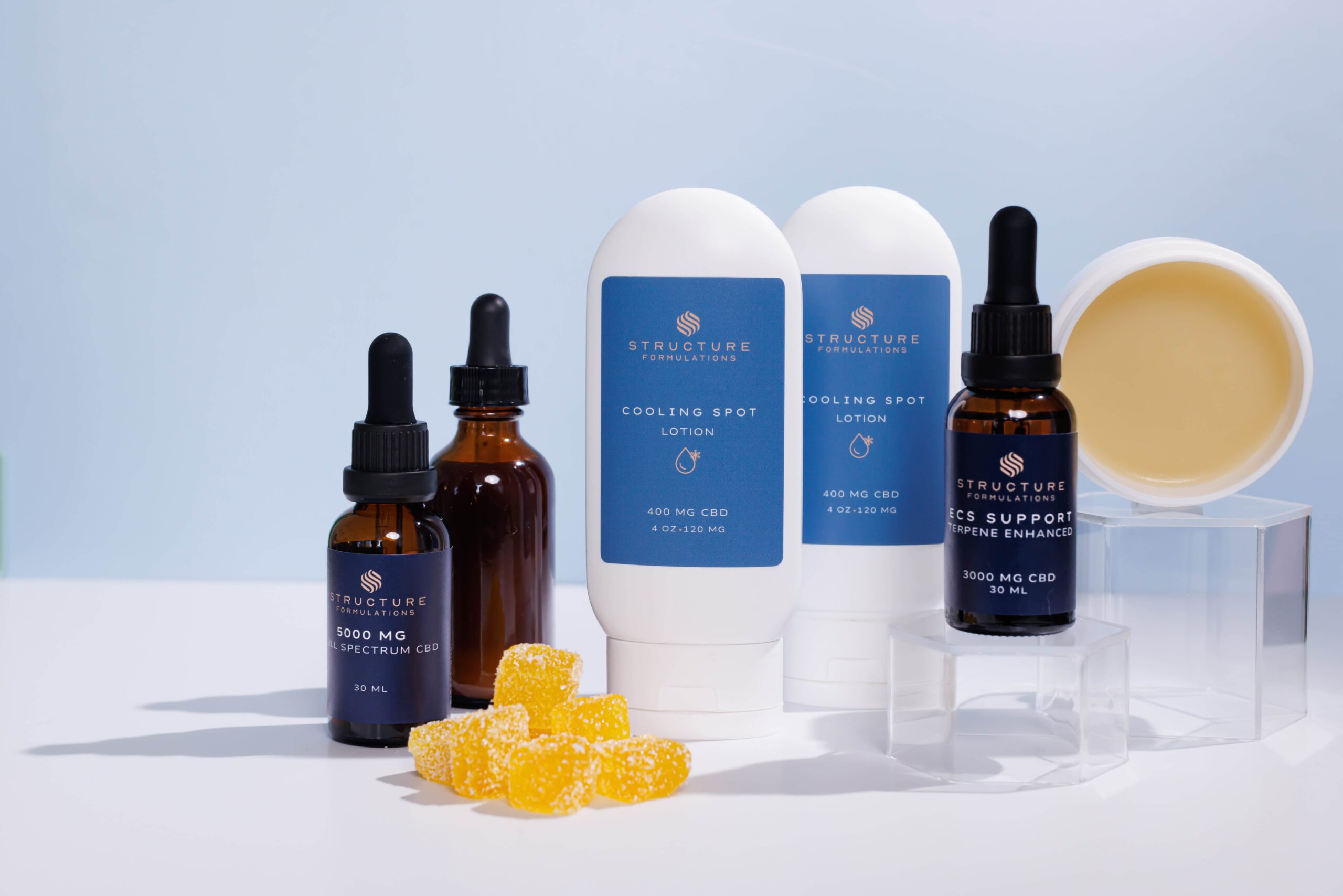 Pure CBD skincare products, including cooling spot lotion, serums, and topical oils from Structure Formulations for targeted relief and skin health.