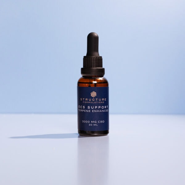 CBD oil dropper bottle with Structure Formulations branding, 3000mg CBD, terpenes, and health support, on a light background.