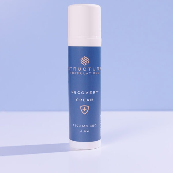 CBD recovery cream in a blue and white bottle with Structure Formulations branding, designed for skincare and pain relief, containing 1200 mg CBD, 2 oz.