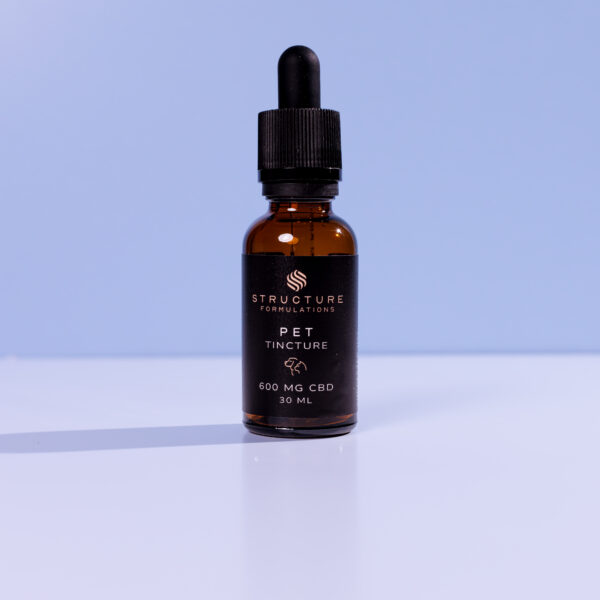 Cbd pet tincture bottle with dropper on white surface, CBD pet supplement, full-spectrum hemp oil for animals, natural alternative for pet health, structured formulations CBD products.