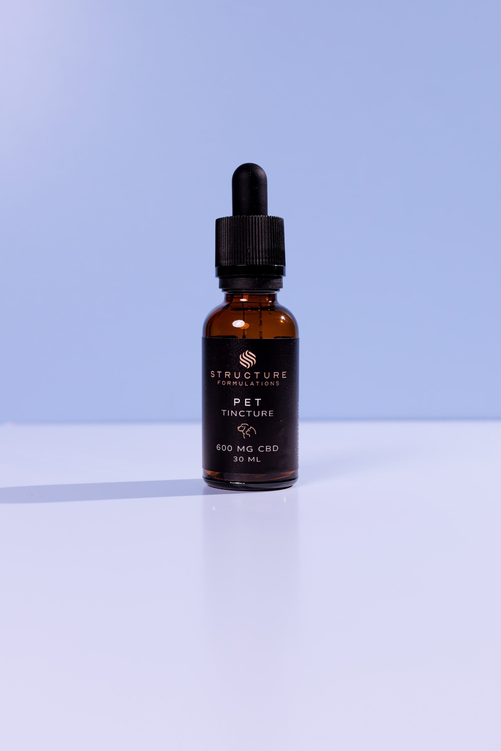 Cbd pet tincture bottle with dropper on white surface, CBD pet supplement, full-spectrum hemp oil for animals, natural alternative for pet health, structured formulations CBD products.