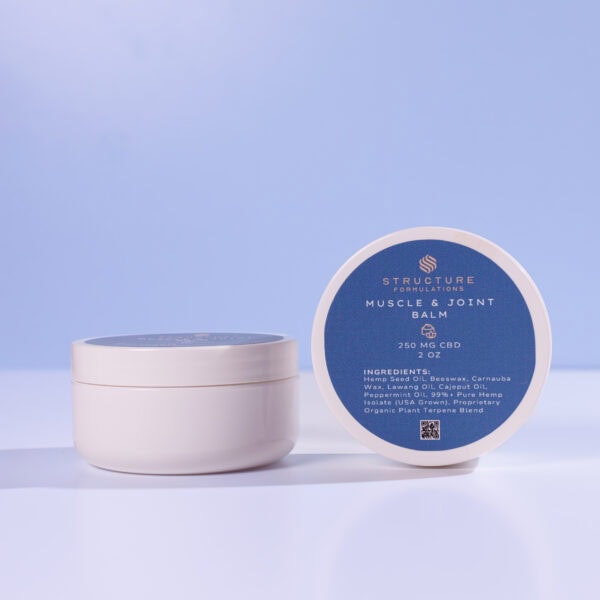 Moisturizing muscle and joint balm with CBD, herbal pain relief, natural ingredients, sports recovery skincare, Structure Formulations CBD balm, organic plant terpene blend, pain relief cream.