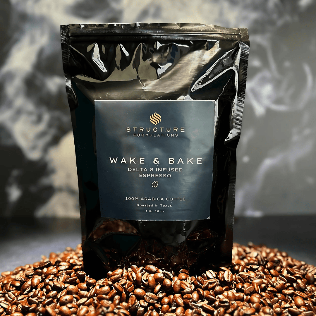 Rich, dark coffee beans surrounding a sleek black package of Structure Formulations Wake & Bake Delta 8 Infused Espresso, highlighting premium quality, organic Arabica coffee, and innovative formulations for coffee lovers.