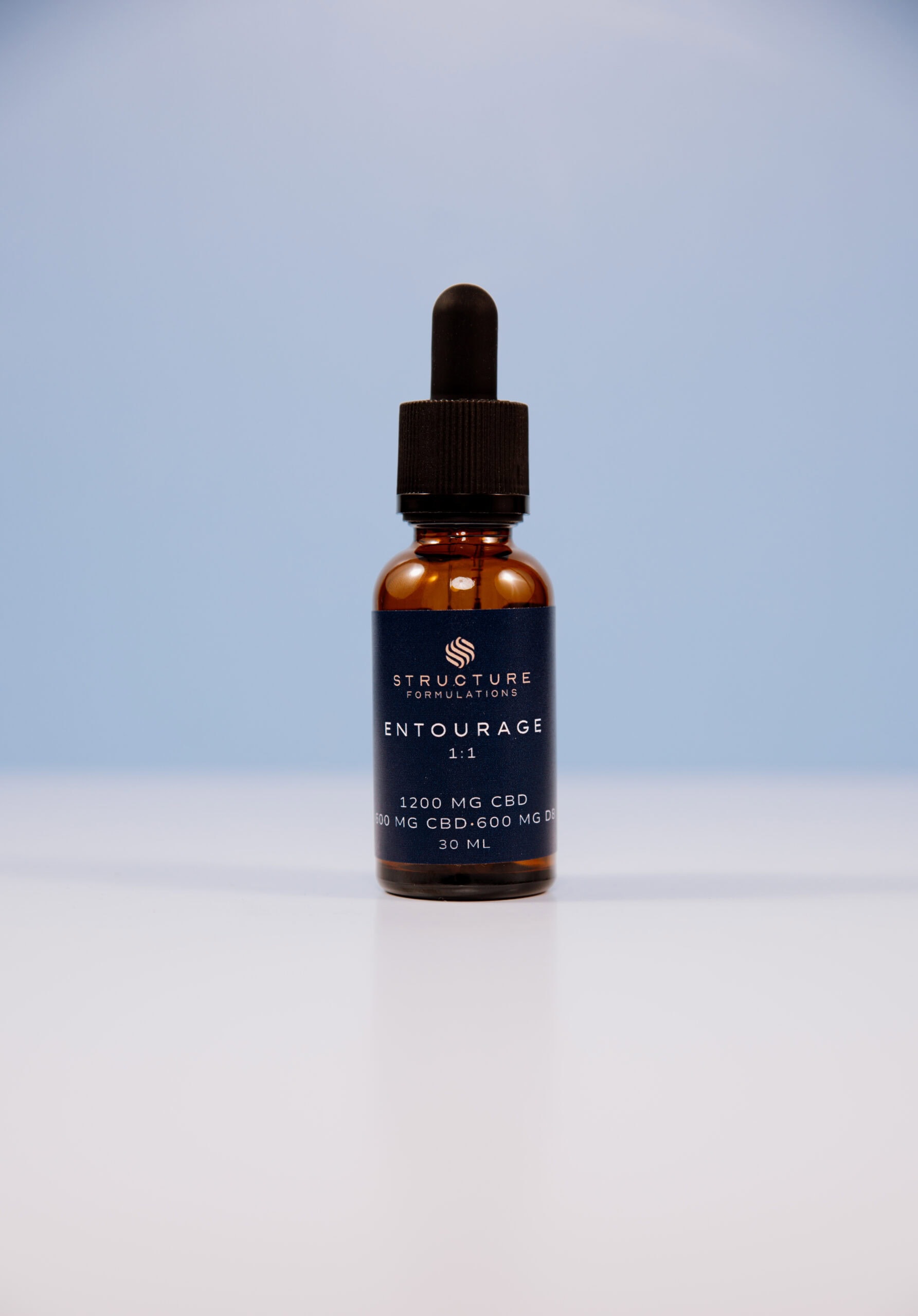 CBD tincture bottle with dropper on a white and pastel blue background, highlighting Structure Formulations' high-quality CBD products for wellness and health.
