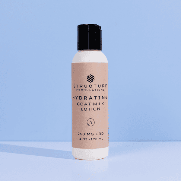 Hydrating goat milk CBD lotion bottle on blue background