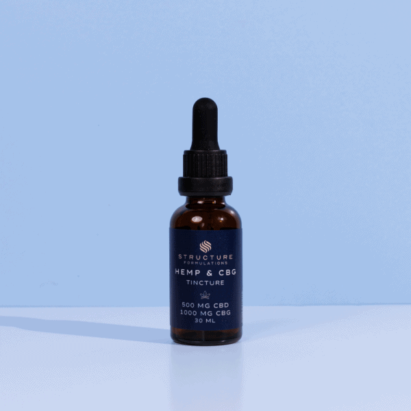 Hemp and CBG tincture bottle for wellness, featuring broad-spectrum CBD and CBG in a 30ml size, designed for natural relief and health support, from Structure Formulations for premium CBD products.