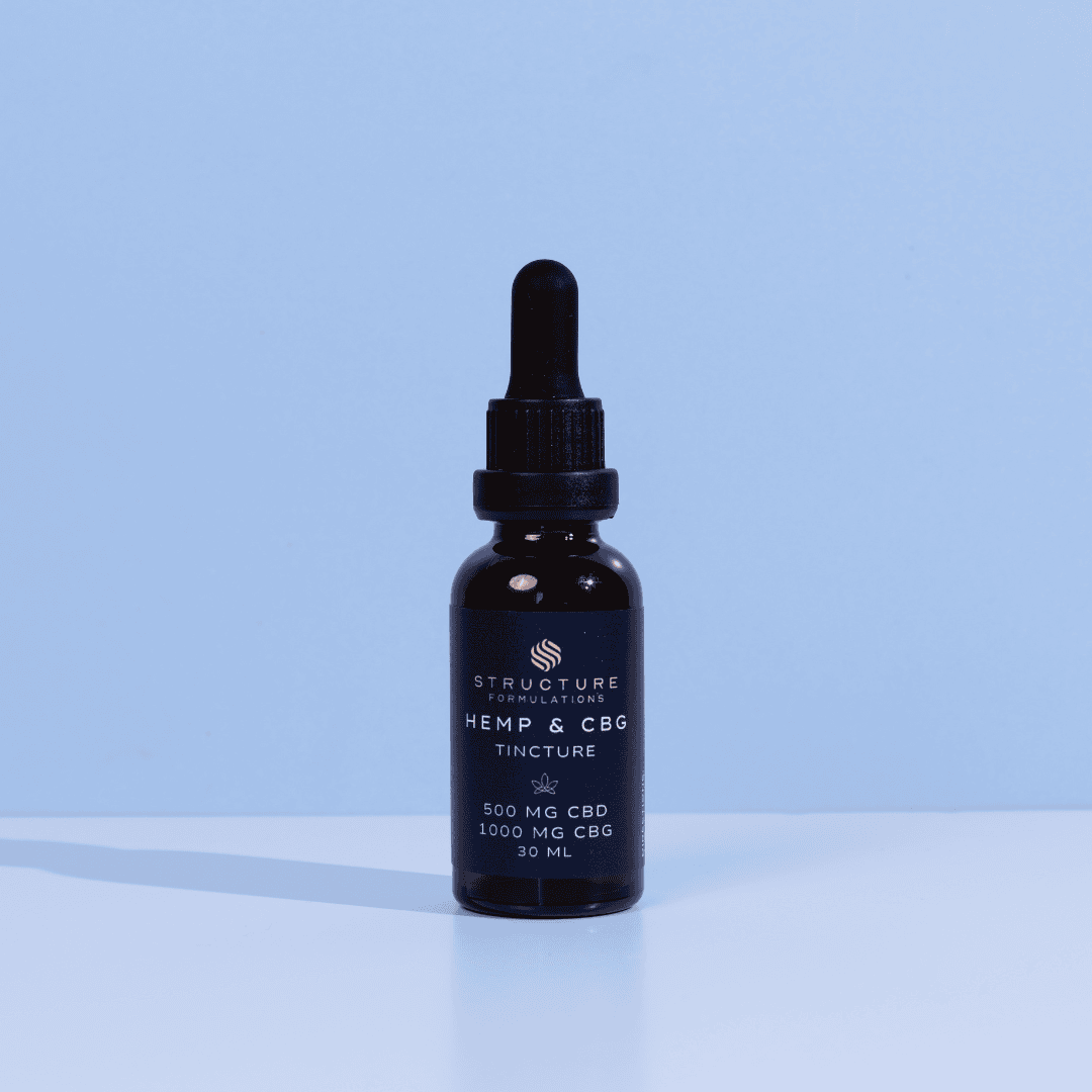 Hemp and CBG tincture bottle for wellness, featuring broad-spectrum CBD and CBG in a 30ml size, designed for natural relief and health support, from Structure Formulations for premium CBD products.