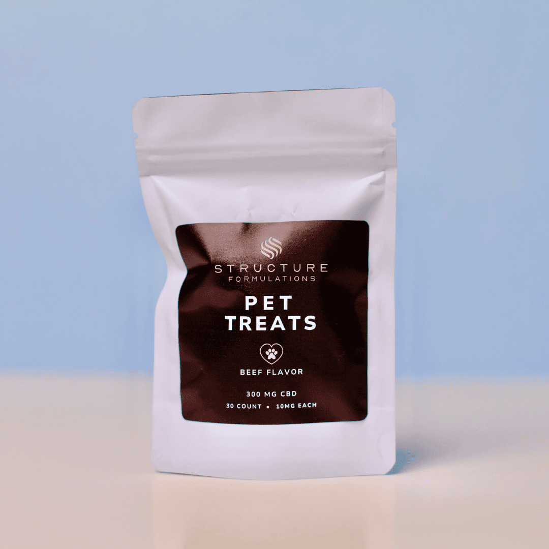 CBD pet treats package on a light background, emphasizing natural pet health supplements from Structure Formulations.