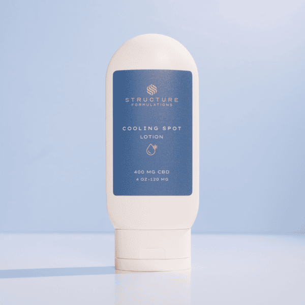 CBD cooling spot lotion for skin relief, formulated with Structure Formulations. Ideal for targeted skin application, offering soothing effects and supporting skin health with 400mg CBD.