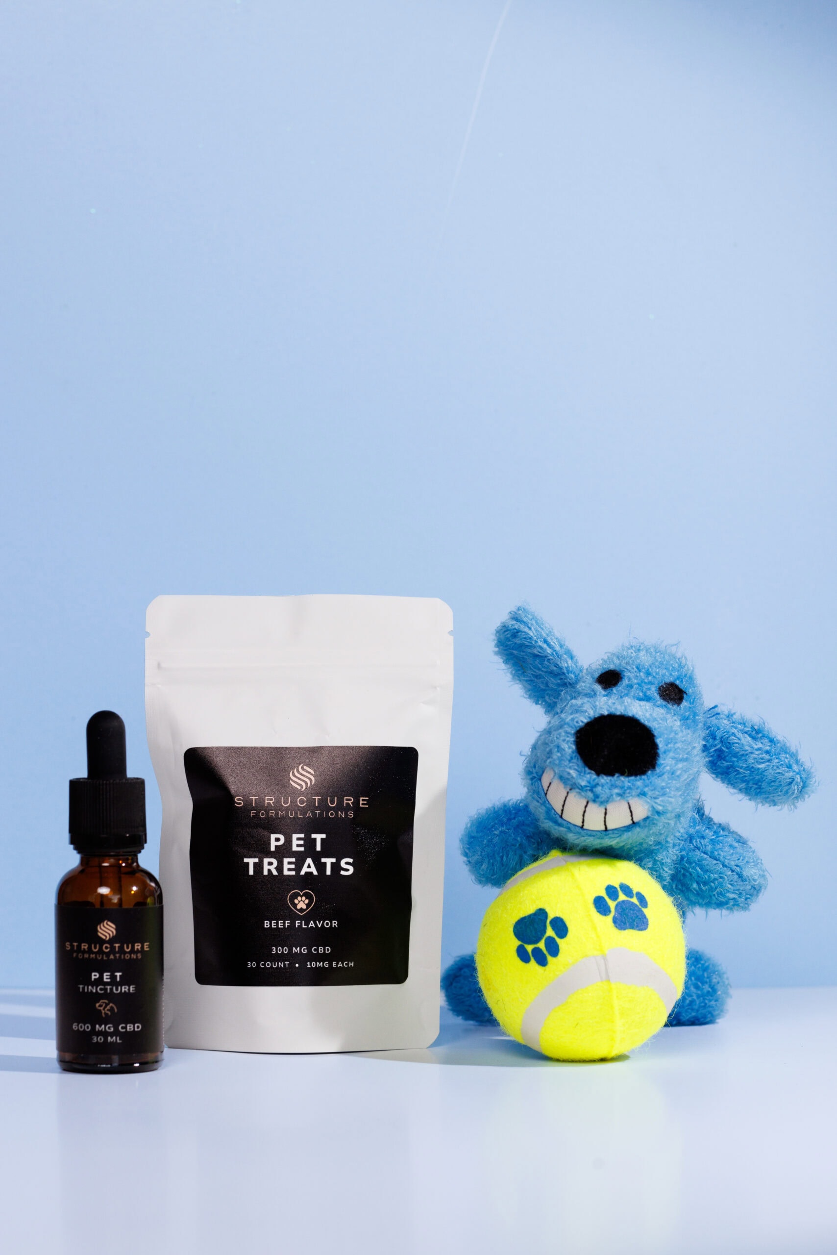 CBD pet treats, tincture, and blue dog toy