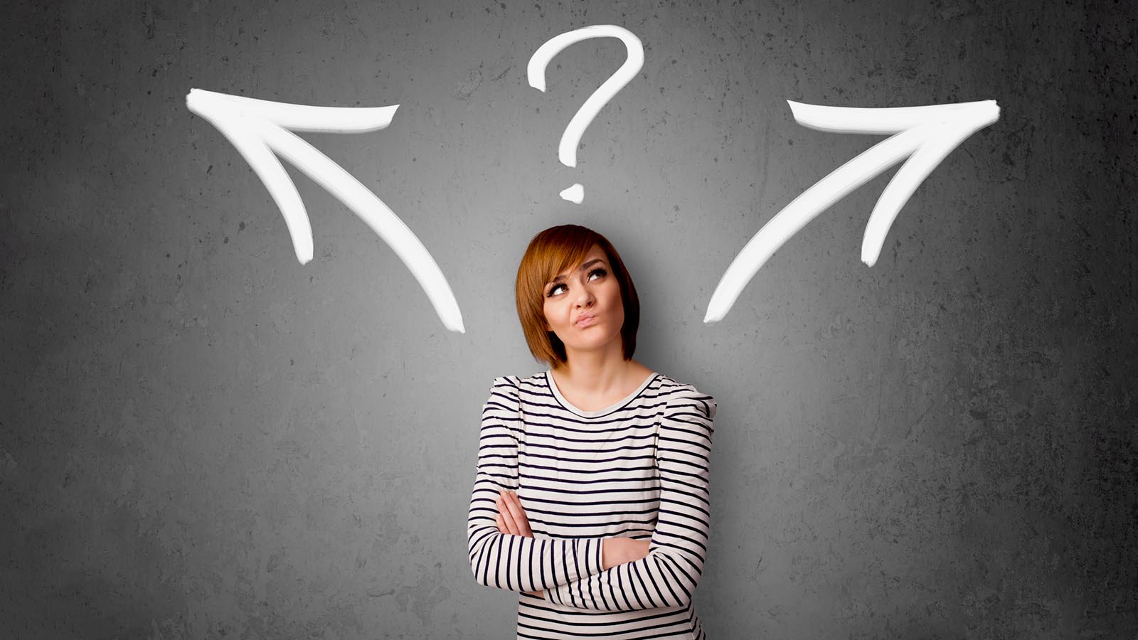 Confused woman pondering at crossroads with question marks and arrows, decision making, strategic planning, problem-solving, decision choices, graphic background.
