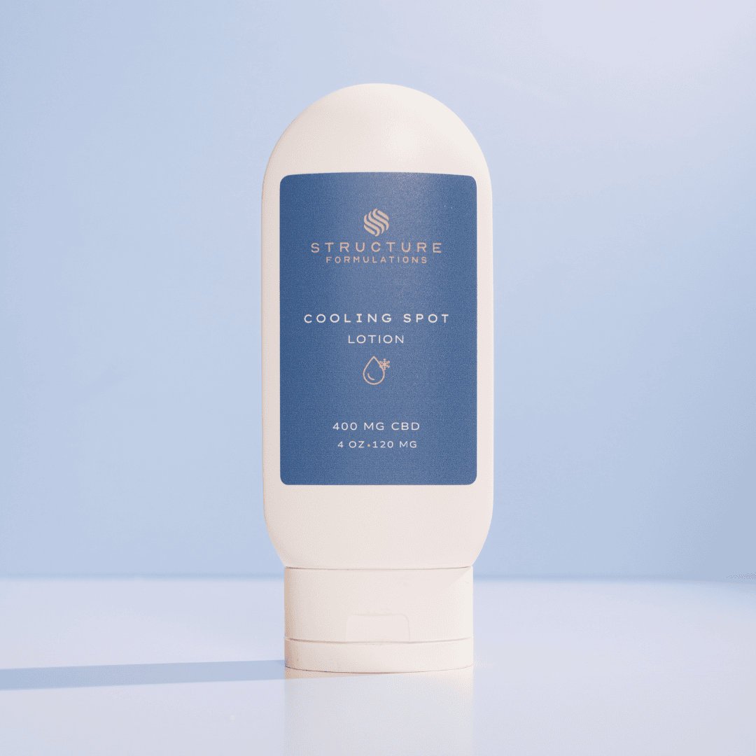 CBD cooling spot lotion for skin relief, formulated with Structure Formulations. Ideal for targeted skin application, offering soothing effects and supporting skin health with 400mg CBD.