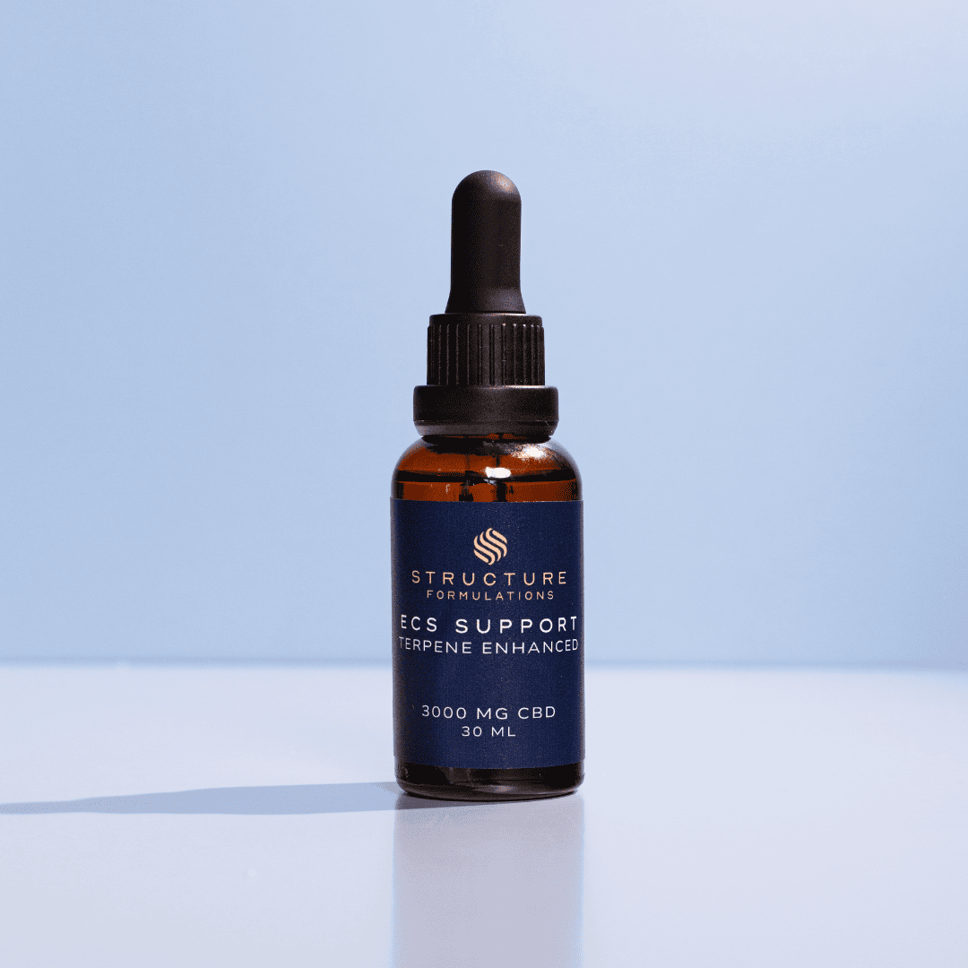 CBD oil dropper bottle with Structur Formulations branding, promoting CBD products for health and wellness, featuring terpene-enhanced formula, 3000mg CBD, 30ml.