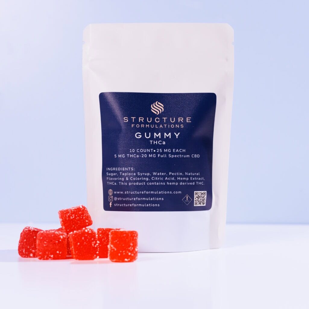 High-quality hemp-derived CBD gummies packaged in a white resealable bag with a blue label, featuring the Structure Formulations logo and product details for wellness and relief.