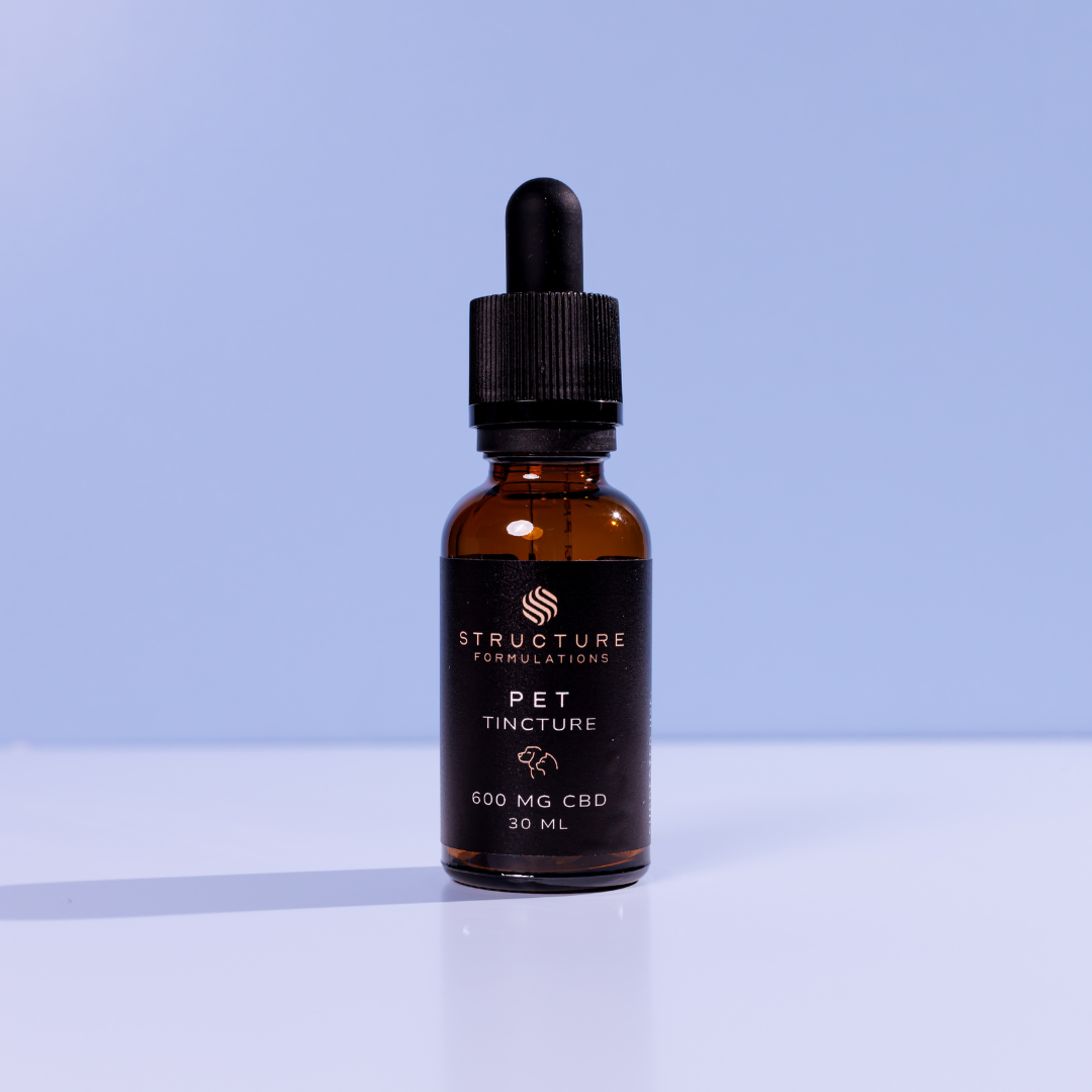 CBD pet tincture bottle with dropper, optimal for pet wellness and health, high-quality CBD formulation from Structure Formulations.